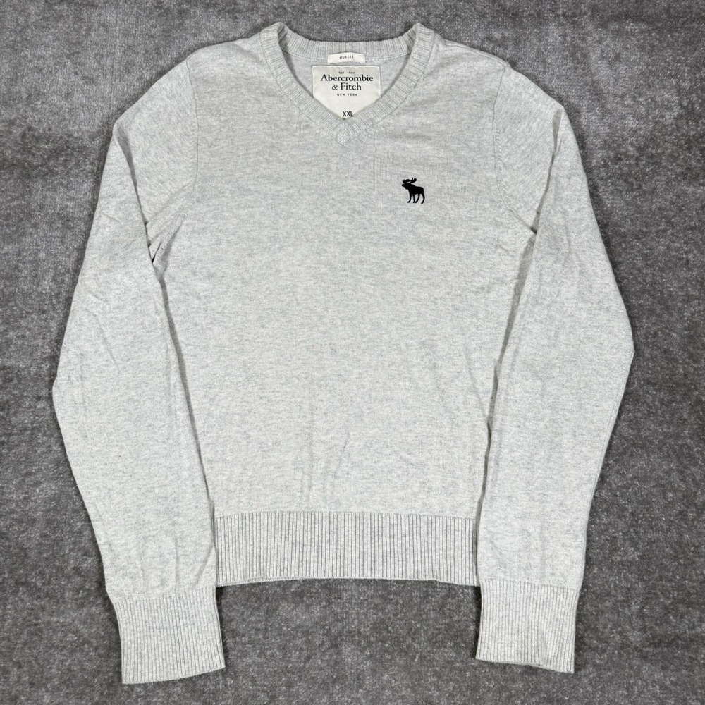 Abercrombie & Fitch Sweater Men's XXL‎ Gray Muscle V-Neck Pullover Long Sleeve